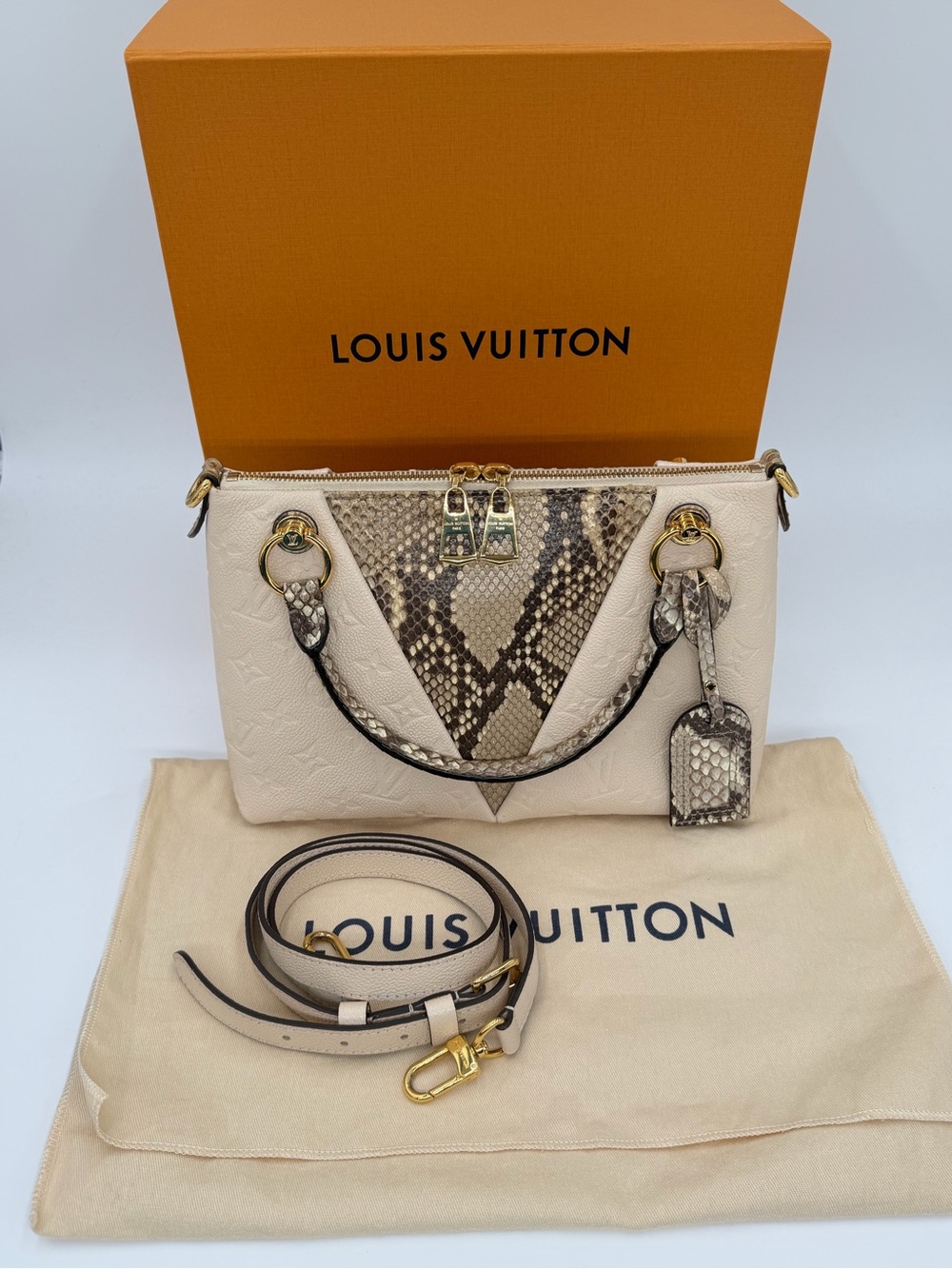 😍Louis Vuitton Exotics V Tote BB Cream Empriente Leather Two Way Bag with Python